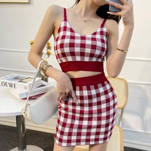 Women Slim Knitting Plaid Tanks Crop Tops Camises Girls Knitted Cropped Knitwear Sleeveless T-shirts Camis Two Pieces