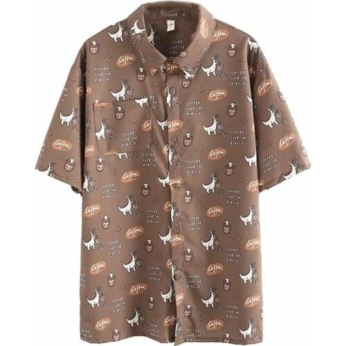 Harakuju Cartoon Print Graphic Shirts For Women 2021 Summer Single Breasted Short Sleeve Preppy Style Ladeis Kawaii Cute Tops