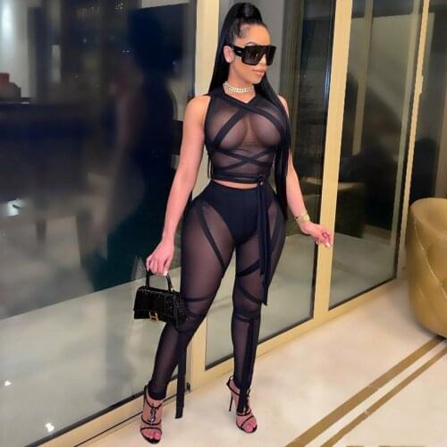 Wsevypo Sexy See Through Drawstring Mesh Two Piece Pants Sets Women Sleeveless Crop Tank Tops+Leggings Party Clubwear Solid