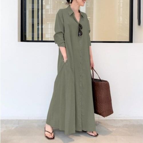 Autumn Cotton And Linen Solid Color Lapel Long-sleeved Pockets Simple Loose Casual Shirt Dress Women