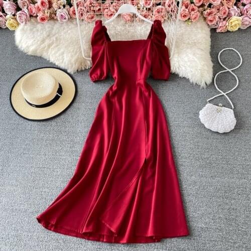 2021 Elegant Party Vintage Dresses Mesh Midi A-Line Solid Short Sleeve Summer Sexy Boho Square Collar Birthday Dress for Women