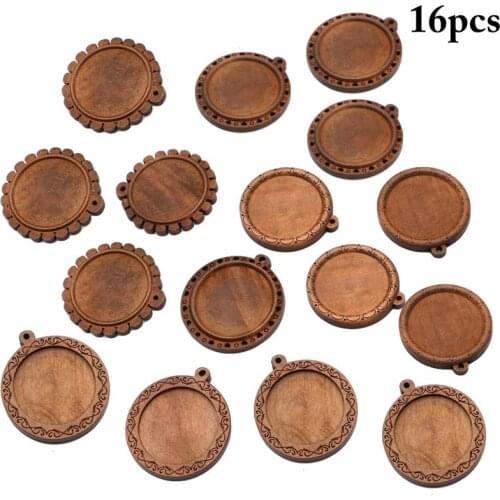 16PCS Pendant Tray DIY Vintage Elegant Wooden Pendant Blank Cabochon Tray