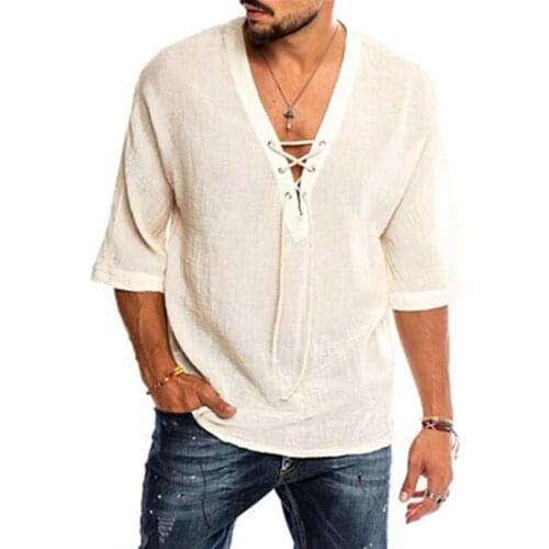 2020 Mens Summer Linen T Shirt Male Sexy Deep V Neck Lace Up Slim Fit T-Shirts Casual Three Quarter Sleeve Linen T-shirts Tops
