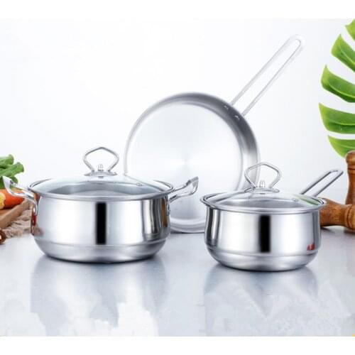 3pcs Stainless Steel Cookware Set Flat Bottom Frying Pan Soup Pot Milk Pot Kit 667A