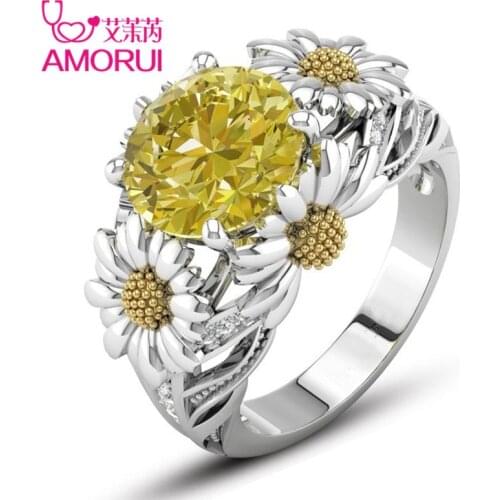 AMORUI Sunflower CZ Birthday Stone Wedding Rings for Women Jewelry Silver Color Engagement Ring Bague Femme Dropshipping Gift
