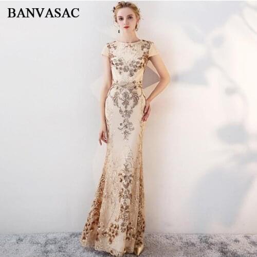 BANVASAC Short Cap Sleeve Sequined Appliques Mermaid Long Evening Dresses Party Lace O Neck Metal Leaf Sash Prom Gowns