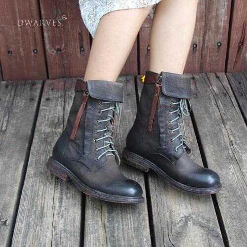 Retro Boots Women Handmade Genuine Leather Martin Boots Women Biker Boots Lace-Up Combat Boots Chunky Ankle Boots 2020 Black