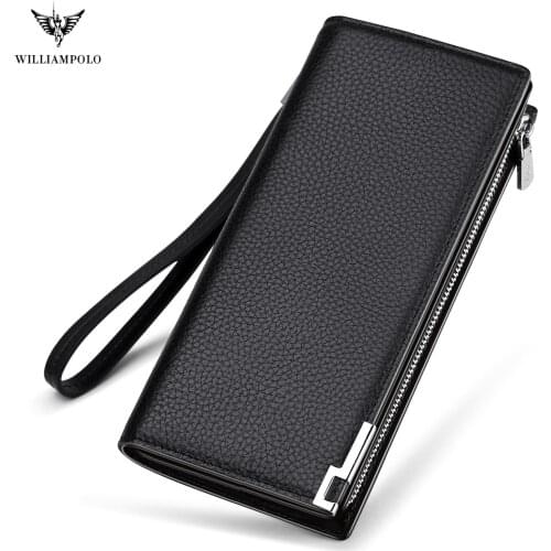 WILLIAMPOLO Long Genuine Leather Wallet Men Business Zipper Clutch Wallet Design Card Holder Cowhide Corner Phone Wallet