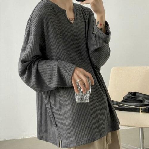 Waffle long-sleeved t-shirt men Korean version bottoming tshirt spring summer u-neck Korean streetwear women pullovers clothes