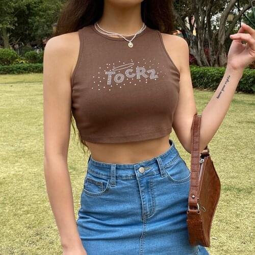 Y2K Brown Cute Crop Tops Women Diamonds Patched Letter Print O Neck Corset Top Harajuku Retro Sleeveless Vest Streetwear Summer