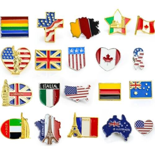 Metal Enamel National Flag Pin Lapel Badge American England Germany Map Famous Symbol Building Brooch Bag Backpack Jewelry Gift