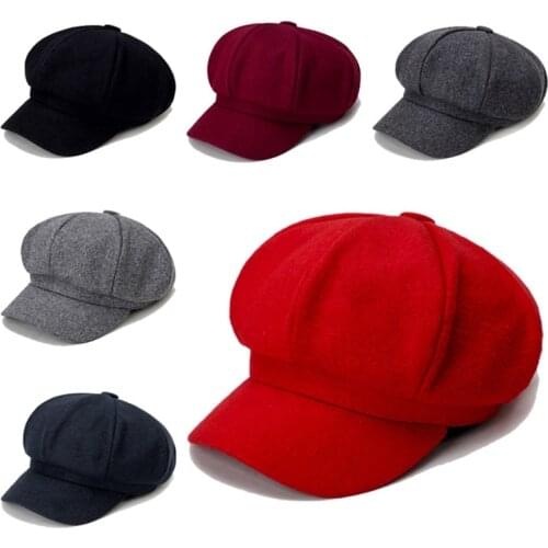 Fashion Womens Woolen Octagonal Cap Wide Brim Beret Hat Casual Autumn Winter Warm Cap Solid Elegant Ladies Hats Black Casual