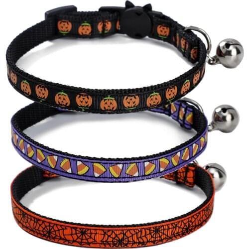 Halloween Cat Collar with Bell Breakaway Adjustable Pumpkin Ghost Kitten Collar for Kitty 4 Colors Adjustable 7.5-11in