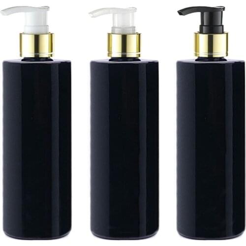 12pcs 500ml black plastic lotion shampoo bottle,500cc cosmetic container with gold electrified aluminum dispenser shower gel