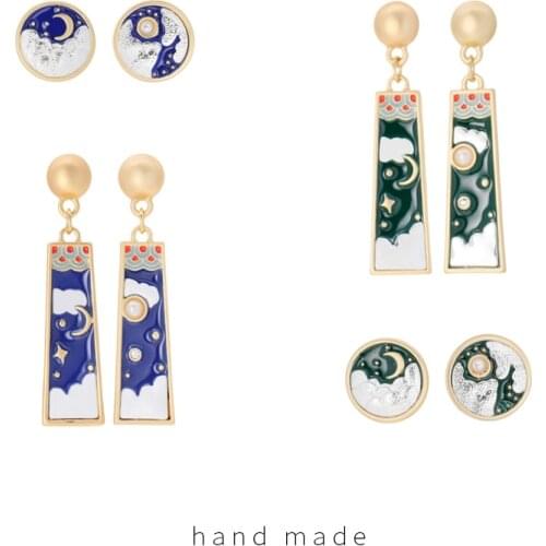 Chinese-Style Drop-Oil Star Moon Clip Earrings No Hole Retro Moon Cloud Ear Simple Geometric Round Square Rectangle Ear Clips