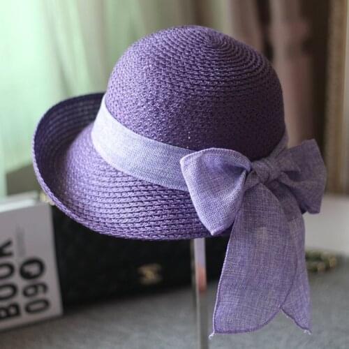 Summer Straw Braid Bucket Hats For Women Bow Fedoras Sunbonnet Folding Beach Caps WMDS003