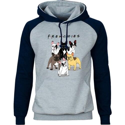 FRENCHIES Kawaii Animal Six Bulldog Raglan Hoodies Fitted Printed Pullover Top Men Hoodie Winter Warm Street Outdoor Sweatshirt