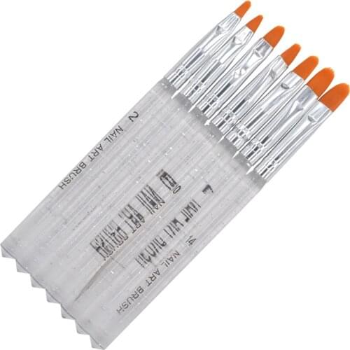 WUF 7 Pcs/Pack Clear Handle Nail Brushes Acrylic UV Gel Nail Art Tips Painting Brush Pen Builder Handle Tool 22