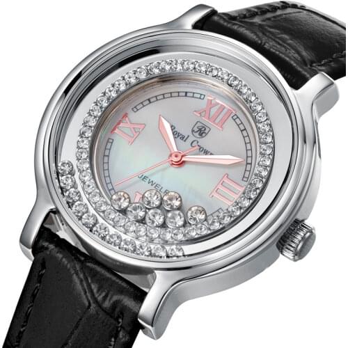Royal Crown Womens Watch Japan Quartz Hours Fine Fashion Dress Clock Leather Shell Luxury Moving Rhinestones Girls Gift