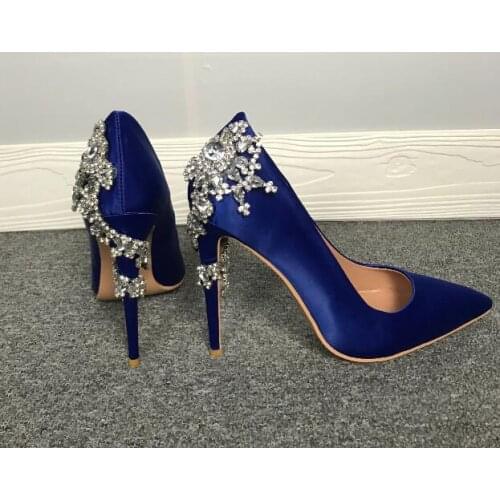 Woman twine diamonds flower high heel blue dress shoes crystal high heel party woman rhinestones blue silk pumps wedding shoes