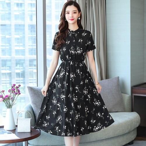 Summer The New Temperament printing Chiffon Dress 2021 black Korean style O Neck Womens fashion Dress