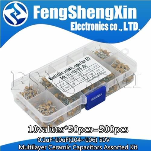 10Value x50pcs=500pcs 50V 104~106 0.1uf~10uf 5.08MM Multilayer ceramic capacitors Monolithic capacitors MLCC Kit