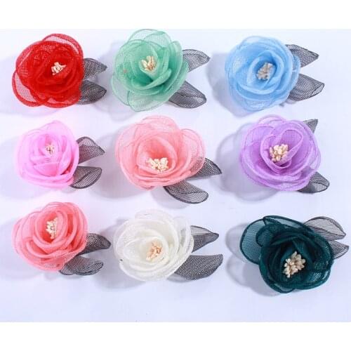 120PCS 5CM Fashion Burned Satin Fabric Flowers With Stamen Silk Flower With Leaf Head Wear Cloth Accessories