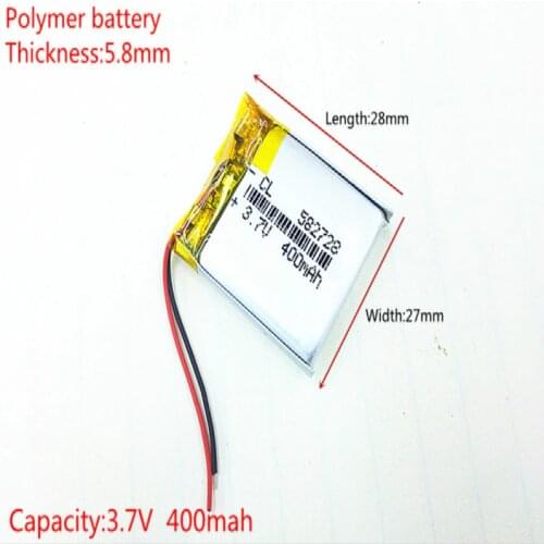 3.7V,400mAH,[582728] PLIB; polymer lithium ion / Li-ion battery for SMART WATCH,GPS,mp3,mp4,cell phone,DVD,SPEAKER