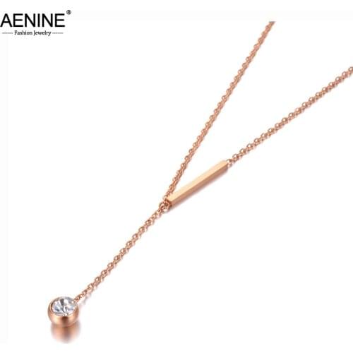 AENINE Office Style Titanium Stainless Steel CZ Crystal Chain Choker Necklace Rose Gold Pendant Necklace For Women AN20110
