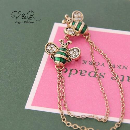 Double Honey Bee Dangle Chin Brooch Pin With Green Honey Bee White Crystal Gold Filled Chain Pin Brooch Jewelry Accessories 2019