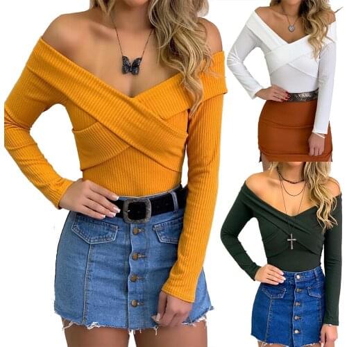Women T-shirts sexy and club fashion female T-shirt long sleeve off shoulder solid color lady Tshirt autumn basic tees