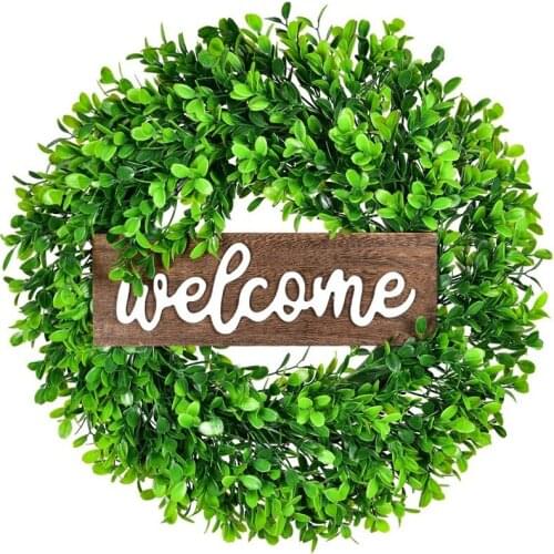 Artificial Boxwood Wreath,Welcome Wreath with Wooden Welcome Sign Green Wreath for Front Door Window Home Decoration
