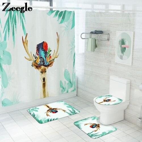 Animal Creative Printed Bathroom Carpet Bath Mat Toilet Rugs with Shower Curtain Set Modern Nordic Style Home Decor Bath Rug Set