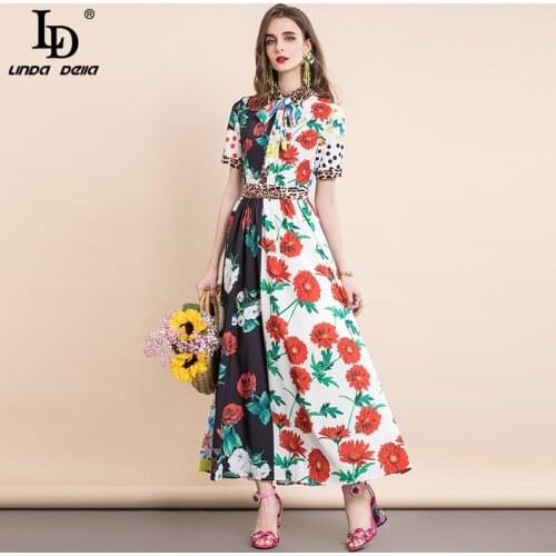 LD LINDA DELLA 2021 Womens Summer Vintage Long Party Dresses Fashion Leopard Turn-down Collar Floral print Elegant Maxi Dress