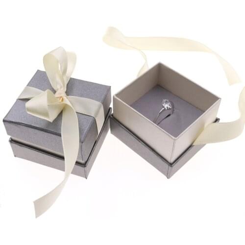 DoreenBeads Jewelry Boxes Paper Gray Color Beige Ribbon Bowknot For Gift Present Ring Earring Packing Display 5*5*4cm, 1 Piece