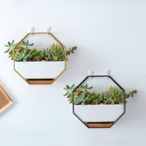 Metal Iron Rack White Ceramic Planter Pot Simple Octagonal Geometric Wall Hanging Ceramic Flower Pot Bamboo Tray Iron Frame