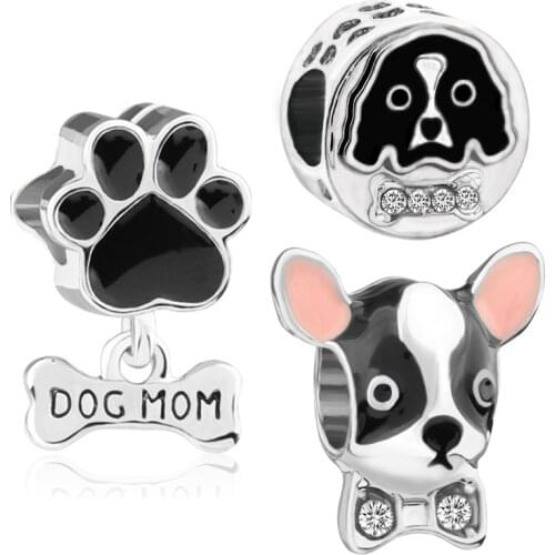 Cute Black Enamel Paw Pendant Fit Original Pandora Charms Bracelet Women Letter Dog Mom Bone Beads for Jewelry Making DIY Bangle