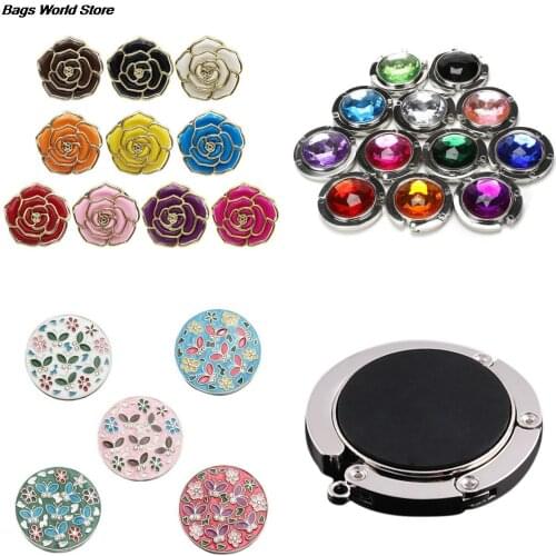 1pc Round Metal Hanger Hook Holder Unique Folding Portable Flower Pattern Fashion Table Hook Crystal Alloy Purse Handbag Bag