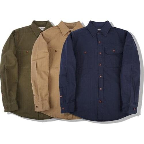 Ok1303 Autumn Men Premium Herringbone Cargo Shirt Japan Style Retro Classic Daily Casual Simple Double Pocket Long Sleeve Tops
