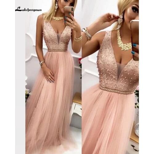 Lakshmigown Gorgeous V Neck A-Line Beaded Blush Pink Long Prom Dress 2020 Arabic Women Evening Sexy Long Dress Party Gowns