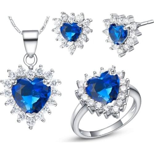 Luxury RING Necklace Earrings Jewelry Sets SA 925 Sterling Silver customized high-end suit Hearts the ocean Treasure blue set