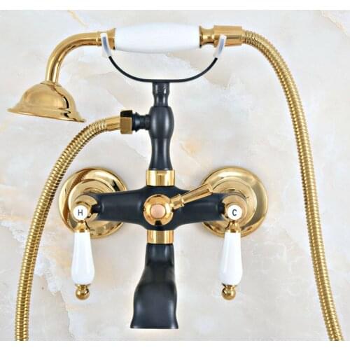 Black Gold Color Brass Dual Handles Brass Bathtub Faucet Set Wall Mount with Handshower Bath Shower Mixer Taps zna421