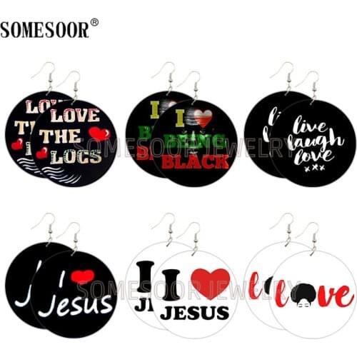 SOMESOOR Being Black Love Jesus Locs Wooden Drop Earrings Laugh Live Inspire Sayings Printed Wood Round Loops For Women Gifts