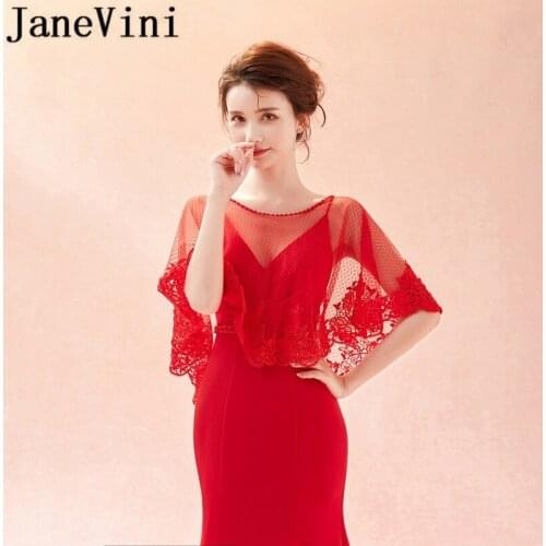 JaneVini Vintage Red Lace Wedding Cape For Bride Hochzeit Bolero Beaded Sheer Mesh Bridal Wedding Jackets Women Summer Wraps