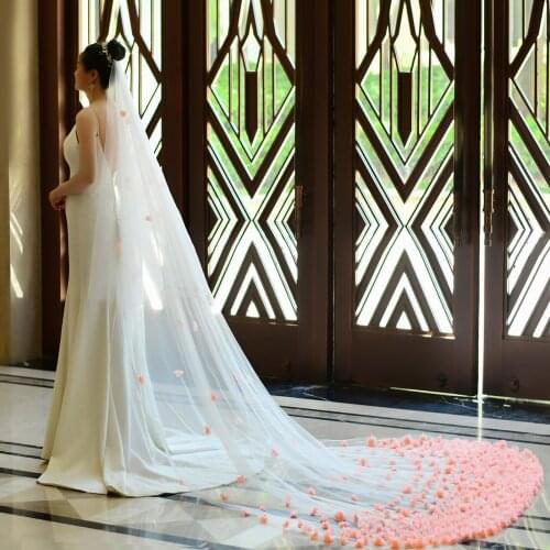 YouLaPan V95 Luxury Rose Petals European Wedding Veil 3.8M Wedding Veil with Comb for Bride Voile 2 Tier Wedding Veil Cathedral