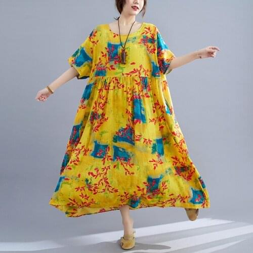 Yellow Floral Dress 2021 New Arrival Thin Soft Cotton Linen Loose Cozy Summer Dress Oversized Holiday Women Casual Travel Dress