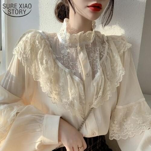 2021 Spring Korean Sweet Loose Clothes Lace Up Ruffled Women Blouses Fashion Women Stand Collar Ladies Tops Vintage Lace Shirt