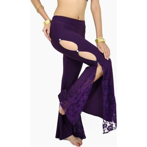 Lady women Belly Dance pants Side slit lace practice senior crystal cotton bellydance Long Flared Trouser Professional dancewear