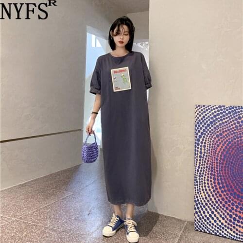 NYFS Summer dress 2021 New Korean Split elastic puff short sleeves long dress Vestidos Robe Elbise Fashion Solid Woman dress