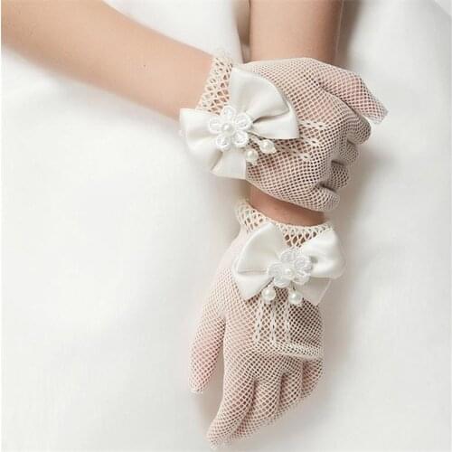 1 Pair Girls Kids White Lace Faux Pearl Fishnet Gloves Communion Flower Girl Bride Party Ceremony Accessories Short Bow Gloves